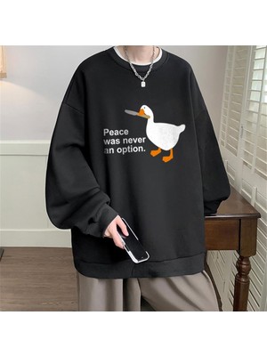 Gossip Team  Duck Peace Baskılı Siyah Unisex Oversize Bisiklet Yaka Sweatshirt