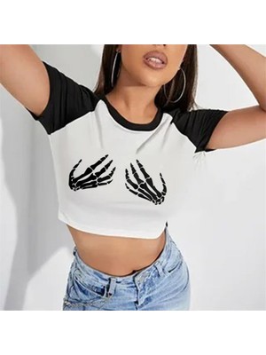 Gossip Team  Skeleton Hands Baskılı Reglan Kol Beyaz Crop