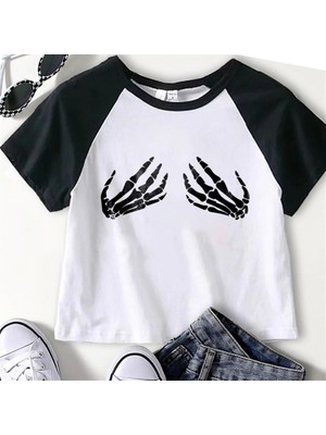 Gossip Team  Skeleton Hands Baskılı Reglan Kol Beyaz Crop