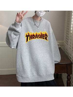 Gossip Team  Thrasher Baskılı Gri Unisex Oversize Bisiklet Yaka Sweatshirt