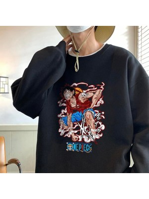 Gossip Team  One Piece Angry Baskılı Siyah Unisex Oversize Bisiklet Yaka Sweatshirt