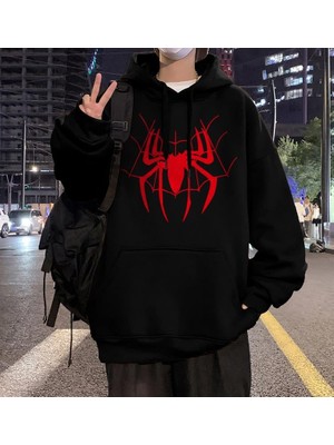 Gossip Team  Red Spider Web Baskılı Siyah Unisex Oversize Kapüşonlu Sweatshirt