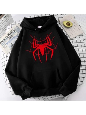 Gossip Team  Red Spider Web Baskılı Siyah Unisex Oversize Kapüşonlu Sweatshirt