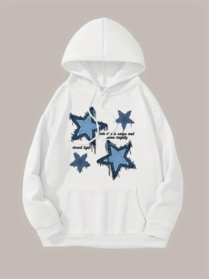 Gossip Team  Denim Star Baskılı Kapşonlu Beyaz Sweatshirt