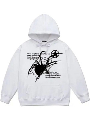 Gossip Team  Gothic Spider Web Oversize Unisex Beyaz Kapşonlu Hoodie Sweatshirt