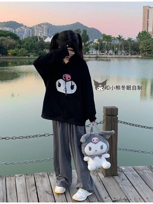 Gossip Team  Kuromi Face Baskılı Siyah Unisex Oversize Kapüşonlu Sweatshirt