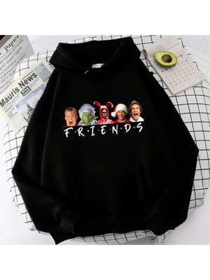 Gossip Team  Friends Christmas Baskılı Siyah Unisex Oversize Kapüşonlu Sweatshirt