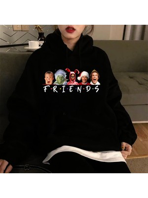 Gossip Team  Friends Christmas Baskılı Siyah Unisex Oversize Kapüşonlu Sweatshirt