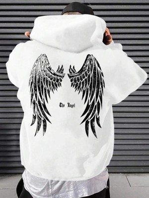 Gossip Team  Unisex Angel Sırt Baskılı Kapşonlu Beyaz Sweatshirt