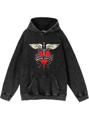 Gossip Team  Yıkamalı Kumaş Rock Serisi Bon Jovi Kapüşonlu Hoodie Sweatshirt