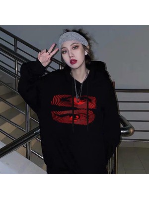 Gossip Team  Hypnosis Eyes Baskılı Siyah Unisex Oversize Kapüşonlu Sweatshirt