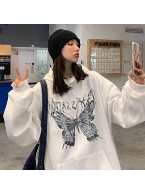 Gossip Team  Harajuku Butterfly Oversize Unisex Beyaz Kapşonlu Hoodie Sweatshirt