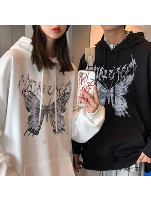 Gossip Team  Harajuku Butterfly Oversize Unisex Beyaz Kapşonlu Hoodie Sweatshirt