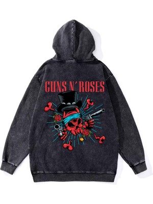 Gossip Team   Yıkamalı Kumaş Rock Serisi Guns'n Roses Kapüşonlu Hoodie Sweatshirt