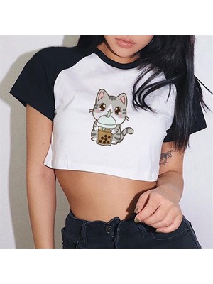 Gossip Team  Pretty Cat Baskılı Reglan Kol Beyaz Crop