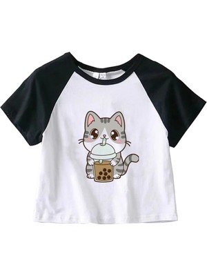 Gossip Team  Pretty Cat Baskılı Reglan Kol Beyaz Crop