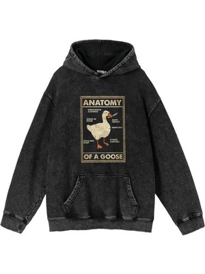 Gossip Team  Duck Anatomy Baskılı Yıkamalı Vintage Unisex Oversize Kapüşonlu Sweatshirt