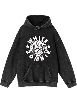 Gossip Team  Yıkamalı Kumaş Rock Serisi White Zombie Kapüşonlu Hoodie Sweatshirt