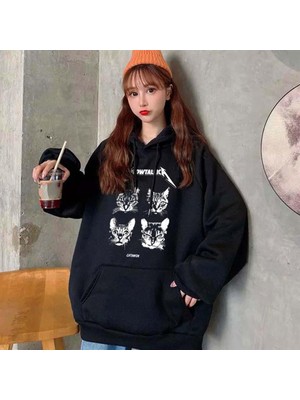 Gossip Team  Meowtallica Baskılı Siyah Unisex Oversize Kapüşonlu Sweatshirt