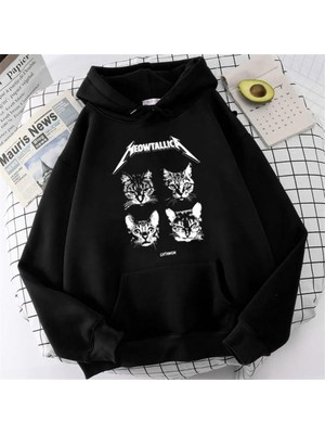 Gossip Team  Meowtallica Baskılı Siyah Unisex Oversize Kapüşonlu Sweatshirt