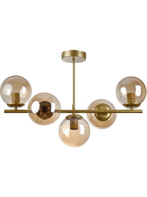 Woodhub Roma Modern Tasarım Salon Yemek Odası Mutfak Eskitme Renk Bal Camlı Sıralı 5 Li Avize