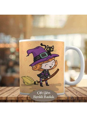 Asilmeydan Süpürgeli Uçan Cadı ve Kedisi Baskılı Kupa Bardak Hediyelik-8487
