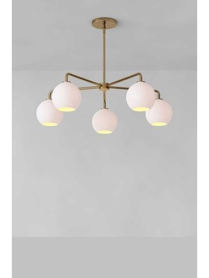 Woodhub Yağmur 5'li Gold Modern Avize (Beyaz Camlı)