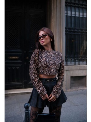 Passense Leopar Desenli Uzun Kollu Crop - Leopar