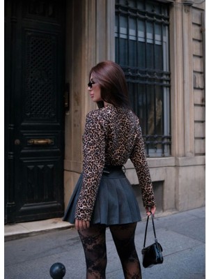 Passense Leopar Desenli Uzun Kollu Crop - Leopar