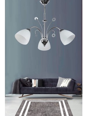 Woodhub Idil Modern Krom Renk Beyaz Opal Camlı Salon - Mutfak - Yatak Odası 3 Lü Avize