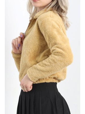 Fermuarlı Crop Peluş Sweat Camel - 9060.1153.