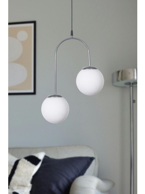 Woodhub Janin Modern Salon - Mutfak - Yatak Odası Sarkıt Gri Renk Gövde Beyaz Cam 2 Li Avize