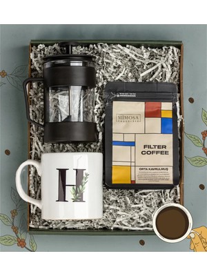 Kişiye Özel Kahve Keyfi Hediye Seti- French Press- Mimosa Filtre Kahve 50 Gr- Beyaz Baskılı Seramik Kupa