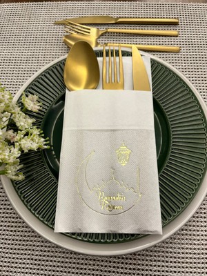 Kidspartim Gold Yaldızlı Ramadan Kareem Yeni Ay Desenli 12 Li Beyaz Renkli Kağıt Cepli Peçete