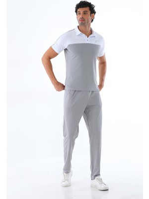 Piyera Erkek Kombin Gri Merserize Kumaş Polo Yaka Omuz Çizgili Kısa Kollu T-Shirt, Gri Eşofman Alt Üst Takım - 151