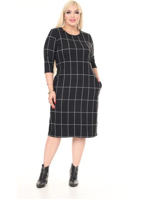 Çift Cepli Kışlık Büyük Beden Esnek Desenli Elbise 7D-2616