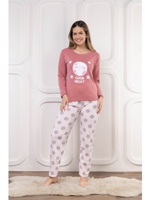 Good Night Baskı Detaylı Altı Puantiyeli Uzun Kol Süprem Kadın Pijama Takımı VG094