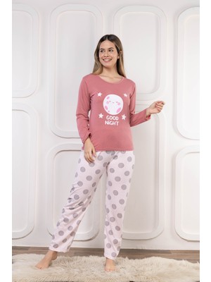 Good Night Baskı Detaylı Altı Puantiyeli Uzun Kol Süprem Kadın Pijama Takımı VG094