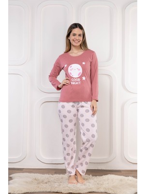 Good Night Baskı Detaylı Altı Puantiyeli Uzun Kol Süprem Kadın Pijama Takımı VG094