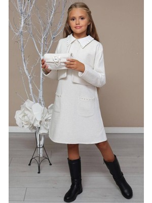 Kız Çocuk Blazer Ceketli Bebe Yaka Sıfır Kol Triko Beyaz Elbise