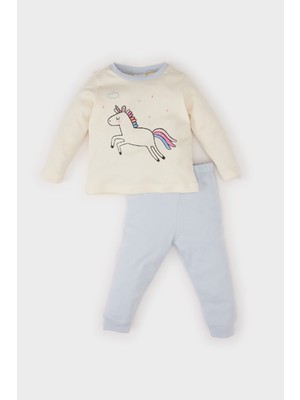 DeFacto Kız Bebek Pijama Takımı Bisiklet Yaka Unicorn Baskılı Uzun Kollu Üst Beli Lastikli Uzun Alt D7170A524WN