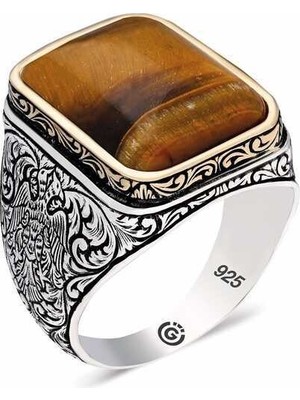 Gumush ​Gümüş Kaplangözü Taşlı Kare Erkek Yüzük