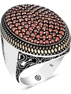 Gumush Gümüş Kırmızı Zirkon Taşlı Oval Erkek Yüzük