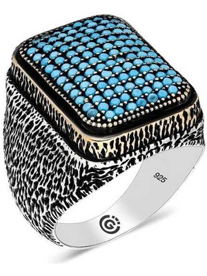 Gumush Gümüş Turkuaz Zirkon Taşlı Kare Erkek Yüzük