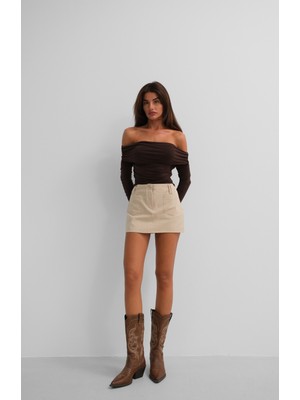 Omuz Dekolte Straplez Kahverengi Bluz