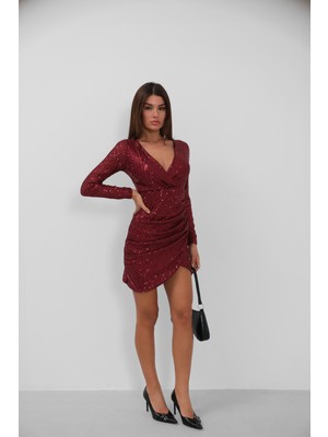 Kruvaze Yaka Pullu Mini Bordo Elbise