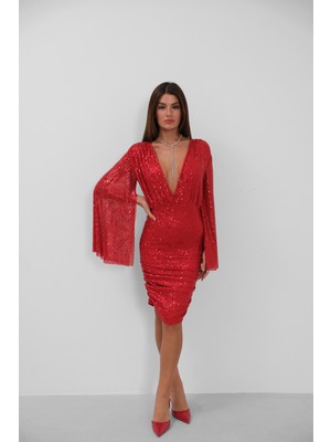 Yarasa Kol Kruvaze Sırt Dekolteli Pullu Kırmızı Elbise
