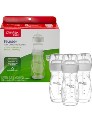 Playtex Baby ™ Nurser® Bebek Biberon & Liners®  Seti - 100% Anti-Kolik - 236ml , 3 Adet Biberon & 15 Adet Sterilize Tek Kullanımlık Liners Biberon Torbaları, 3+ Ay, Orta Akış