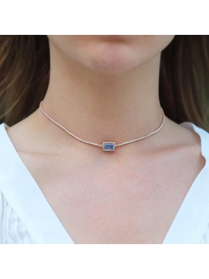 Necati Gün Aquamarin Taşlı Rose Gold Kaplama Choker Gümüş Kolye