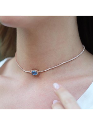 Necati Gün Aquamarin Taşlı Rose Gold Kaplama Choker Gümüş Kolye